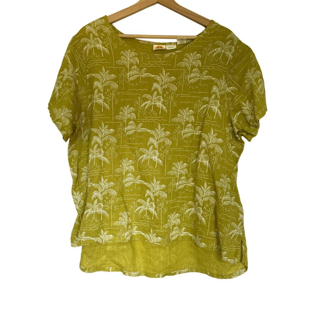 C&C California linen neon green bright lime short sleeved top women's 1X trees